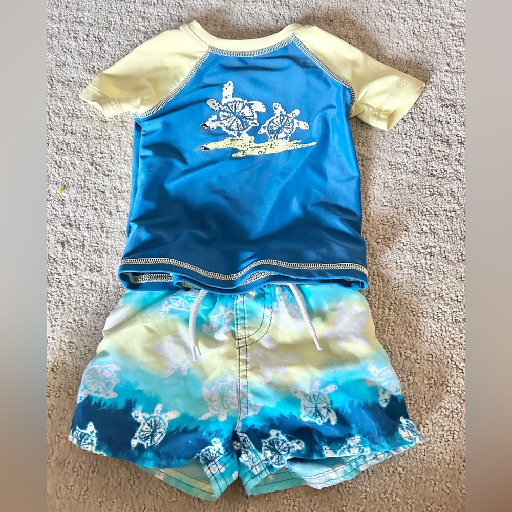 Baby boy 6 months Floatimini swim trunks and rash guard swim shirt